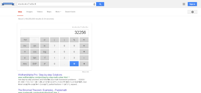 Google search results showing calculation of 4x4x4x7x8x9 = 32256