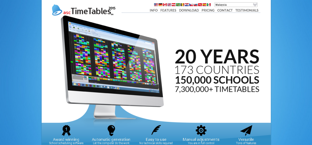 asc TimeTables software screenshot; 20 years, 173 countries, 150,000 schools, 7,300,000+ timetables. Perisian Jadual Waktu.
