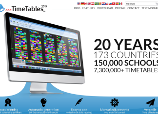 Perisian Jadual Waktu asc TimeTables software screenshot; 20 years, 173 countries, 150,000 schools, 7,300,000+ timetables. Perisian Jadual Waktu.