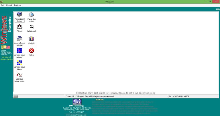 Winjaws school timetable software interface. Menu options include system administration, printing, and schedule generation.