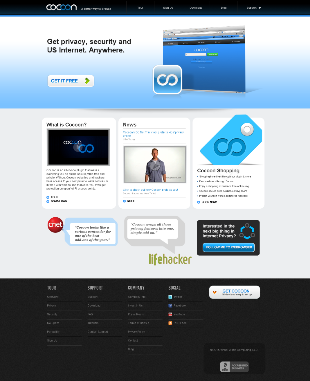 Cocoon software interface showing features for secure and private internet access. Buang Sekatan Internet.