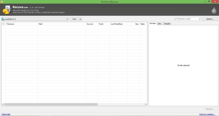 Recuva data recovery software interface showing empty scan results.