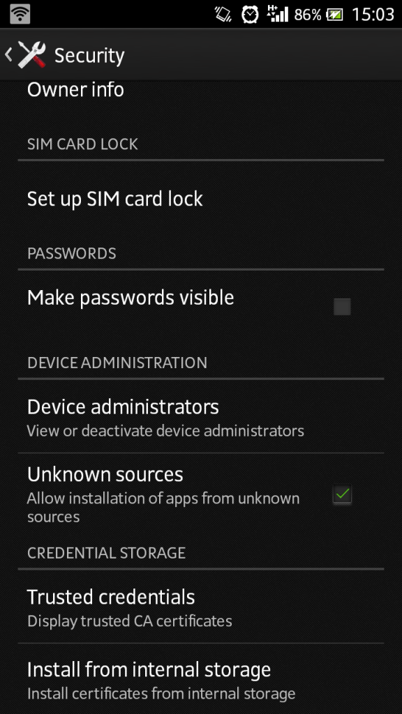 Android security settings showing options for SIM card lock, passwords, device administrators, and unknown sources.