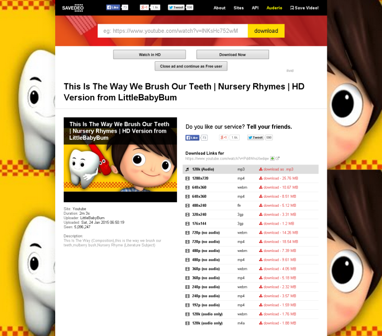 Download options for "This Is The Way We Brush Our Teeth" nursery rhyme video. Various resolutions and audio-only formats are available.