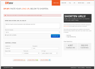 Pendekkan URL Panjang Dengan Mudah Screenshot of URL shortening website, showing interface for pasting long URLs and creating short URLs. "Pendekkan URL Panjang