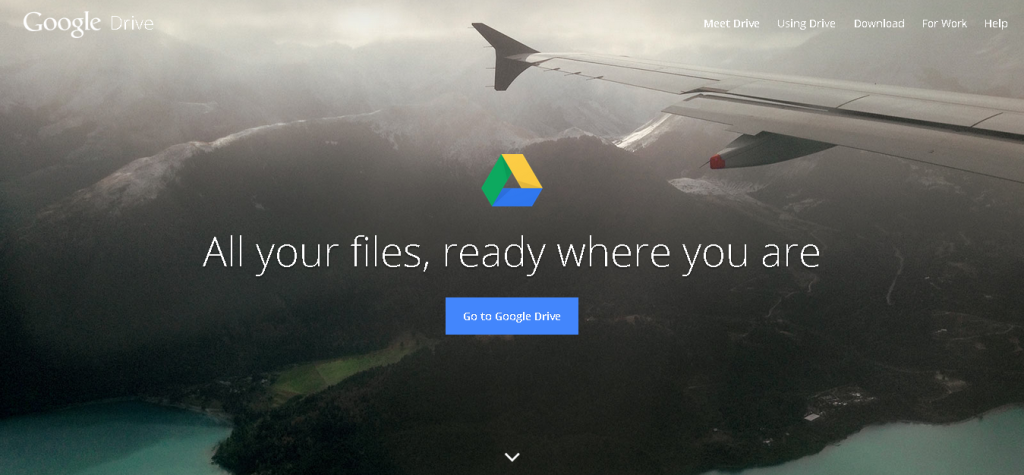 Google Drive logo; aerial view of mountains and a lake; "All your files, ready where you are