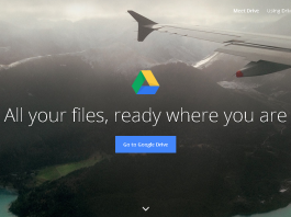 Google Drive logo; aerial view of mountains and a lake; "All your files, ready where you are