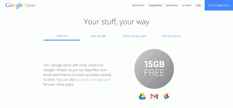 Google Drive interface highlighting 15GB free storage offer