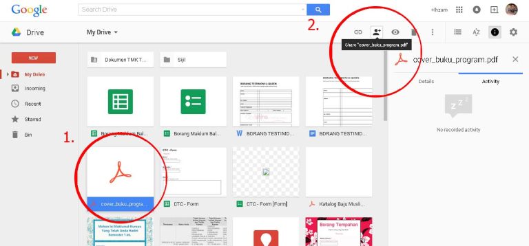 Google Drive interface showing file sharing options and a PDF document titled "cover_buku_program.pdf".
