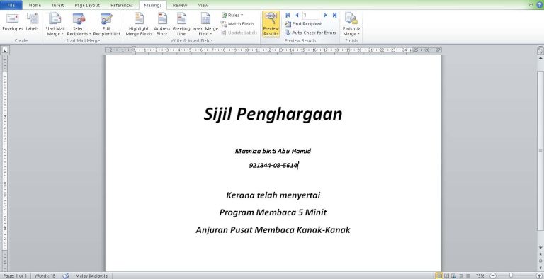 Sijil Penghargaan certificate for Masniza binti Abu Hamid, Program Membaca 5 Minit.