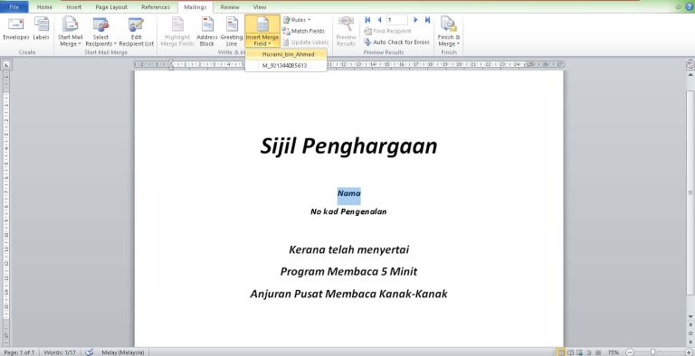 Sijil Penghargaan certificate template for program printing. Includes name and ID fields.