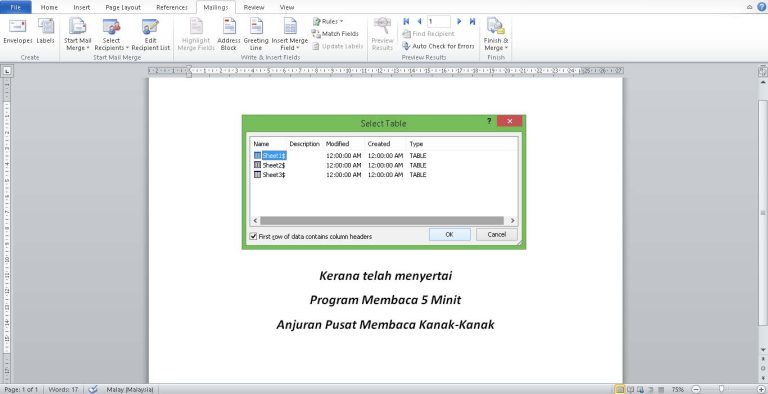 Screenshot of Microsoft Word mail merge, selecting data table for certificate printing. "Program Membaca 5 Minit" text visible.