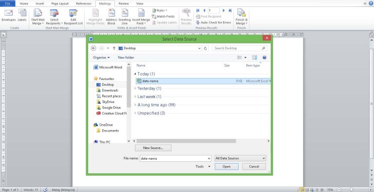 Screenshot of Microsoft Word's mail merge feature, selecting "data-nama" Excel file as data source for printing certificates.