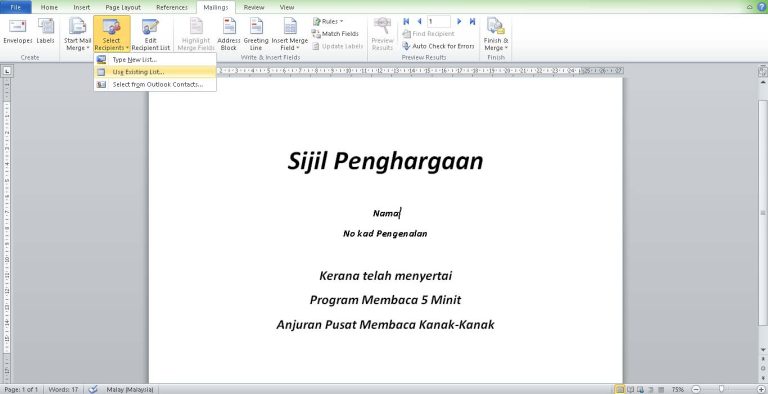 Sijil Penghargaan certificate template for a reading program. Easy certificate printing techniques.