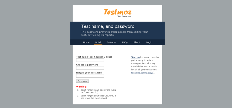 Screenshot of a test creation page, showing fields for test name and password.