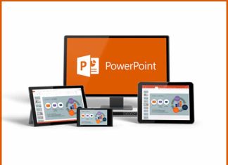 9 Pilihan Alternatif Selain Power Point PowerPoint logo displayed on various devices: desktop, tablet, and phone. Alternatives to PowerPoint are discussed in the blog post.