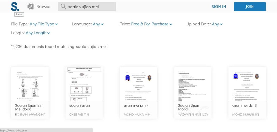 Scribd search results for "soalan ujian mei," showing various exam papers.
