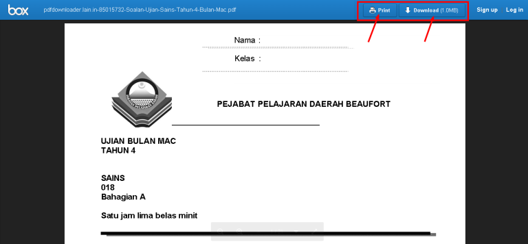 Download button for Science exam questions, Year 4, March. Muat Turun Soalan Ujian.
