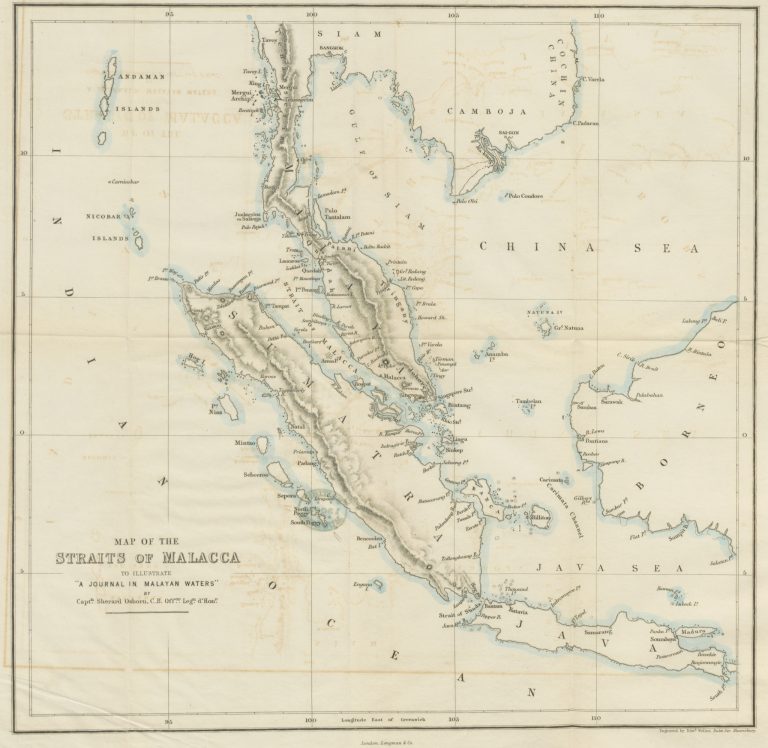 Map of the Straits of Malacca, illustrating "A Journal in Malayan Waters" by Capt. Sherard Osborn.