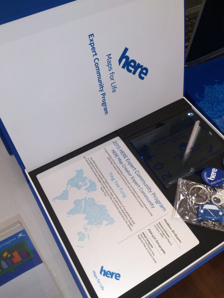 HERE Maps for Life award in a gift box. 2015 HERE Expert Community Program certificate for Ting Yee Fung.