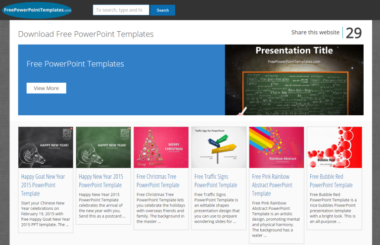 Collection of free PowerPoint templates: Happy New Year, Christmas tree, traffic signs, rainbow, and bubble designs.