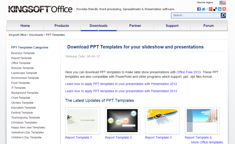 Four free PowerPoint templates: report, clock, data, and building.