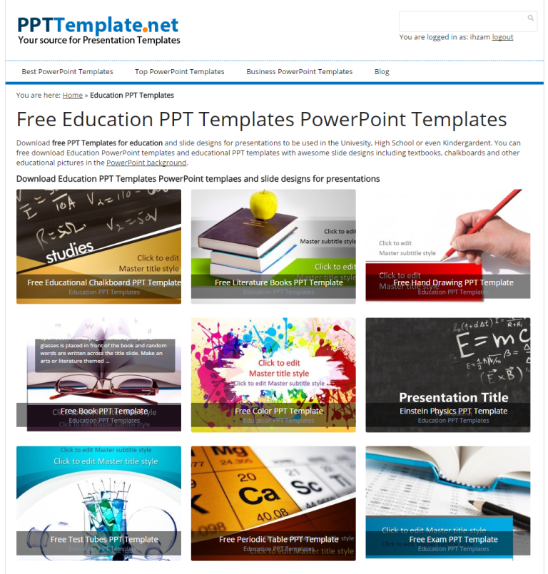 Free PowerPoint templates for education: chalkboard, books, test tubes, periodic table, and more.