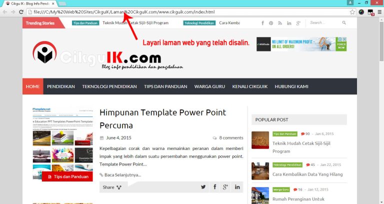 Screenshot of a webpage showing instructions on how to copy a website to a computer. The title "Layari laman web yang telah disalin" is visible.
