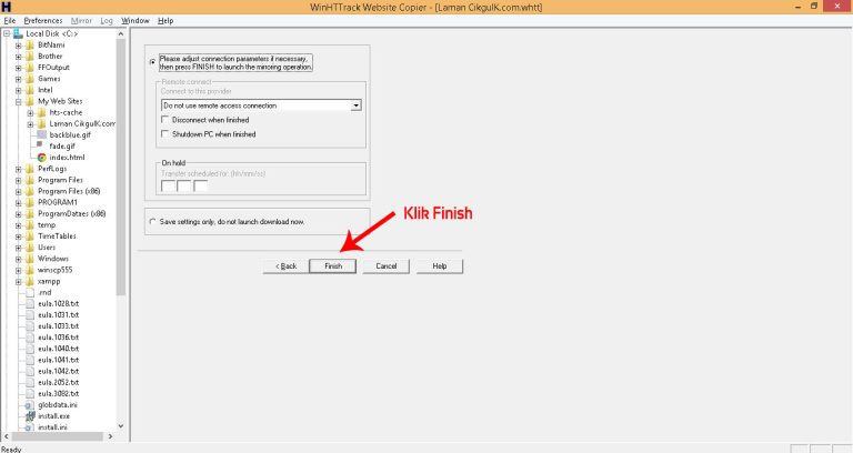 Screenshot showing the "Finish" button in WinHTTrack Website Copier software, used for website mirroring and offline website copying.