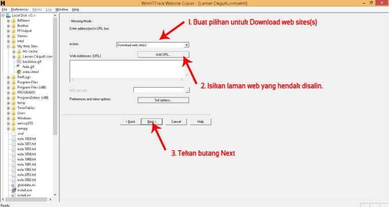 Screenshot showing how to copy a website to your computer using WinHTTrack Website Copier. The steps involve selecting websites, entering URLs, and clicking "Next".