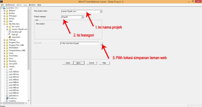 Screenshot: WinHTTrack Website Copier "New Project" window, showing fields for project name, category, and base path. Salin Laman Web.