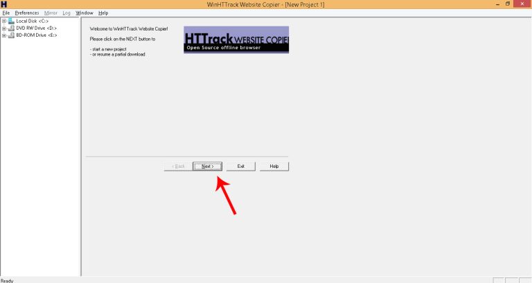 Screenshot of WinHTTrack Website Copier "New Project" window, showing the "Next" button.
