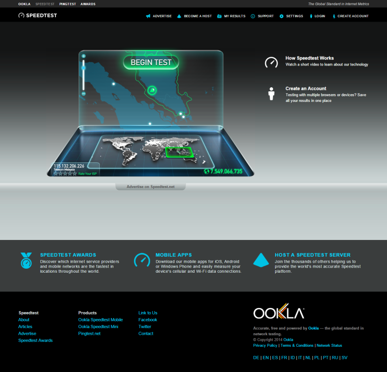 Speedtest results showing internet speed and location. Semak Kelajuan Internet Sekolah.
