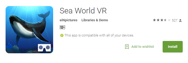 Sea World VR app icon featuring a whale and VR goggles. Learn in class with Google Cardboard.