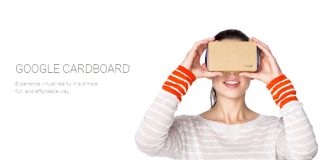 Belajar Di Kelas Dengan Google Cardboard Woman using Google Cardboard VR headset for virtual classroom learning.