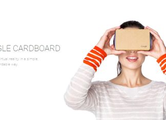 Belajar Di Kelas Dengan Google Cardboard Woman using Google Cardboard VR headset for virtual classroom learning.