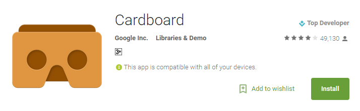 Google Cardboard app install screen showing VR headset icon, 4.9-star rating, and "Install" button.