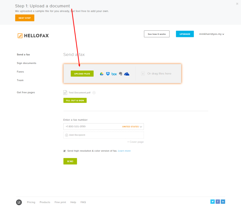 Send free fax online: upload document, enter fax number, and send.