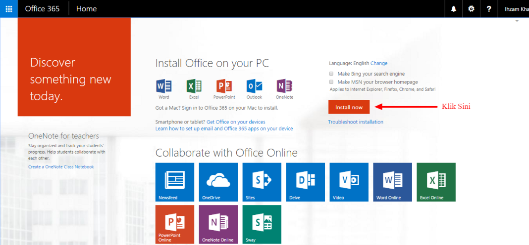 Microsoft Office 365 installation screen showing Word, Excel, PowerPoint, and OneNote; "Install now" button highlighted.