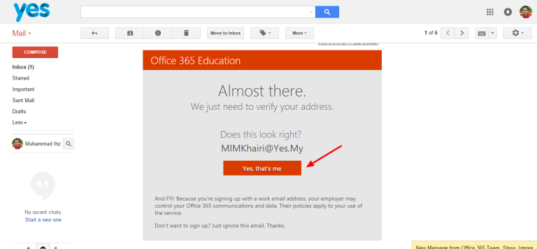 Office 365 Education email verification: Confirm MIMKhairi@Yes.My