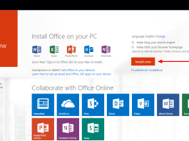 Microsoft Office 365 installation screen showing Word, Excel, PowerPoint, and OneNote; "Install now" button highlighted.