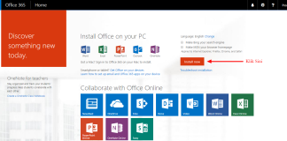 Perisian Percuma Microsoft Office 365 Education Untuk Guru dan Pelajar Microsoft Office 365 installation screen showing Word, Excel, PowerPoint, and OneNote; "Install now" button highlighted.