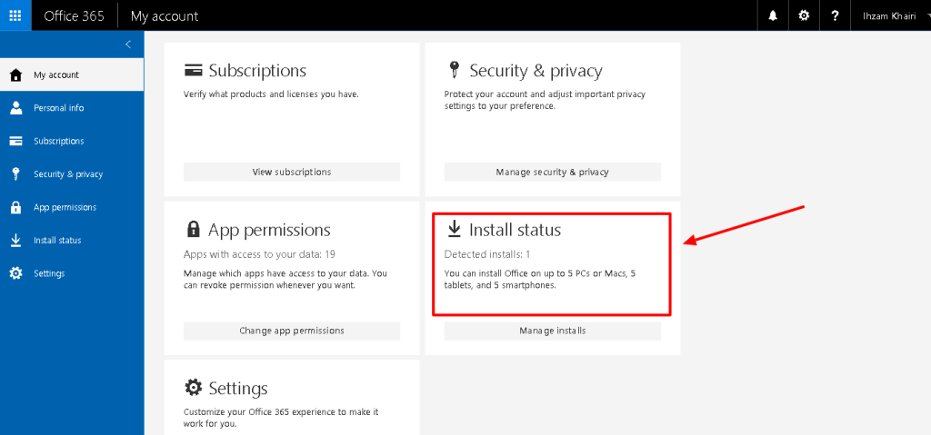 Microsoft Office 365 install status showing 1 installation. Up to 5 PCs/Macs, 5 tablets, and 5 smartphones allowed.