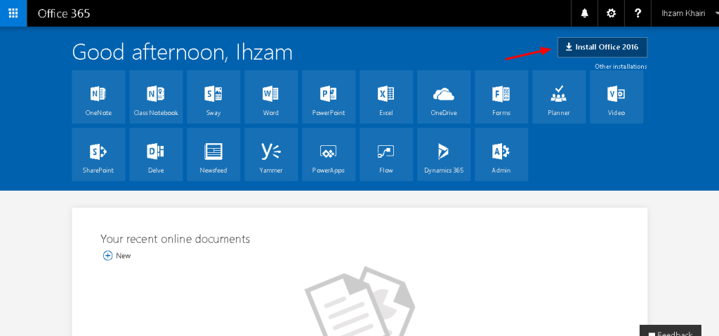 Microsoft Office 365 Education interface showing "Install Office 2016" button.