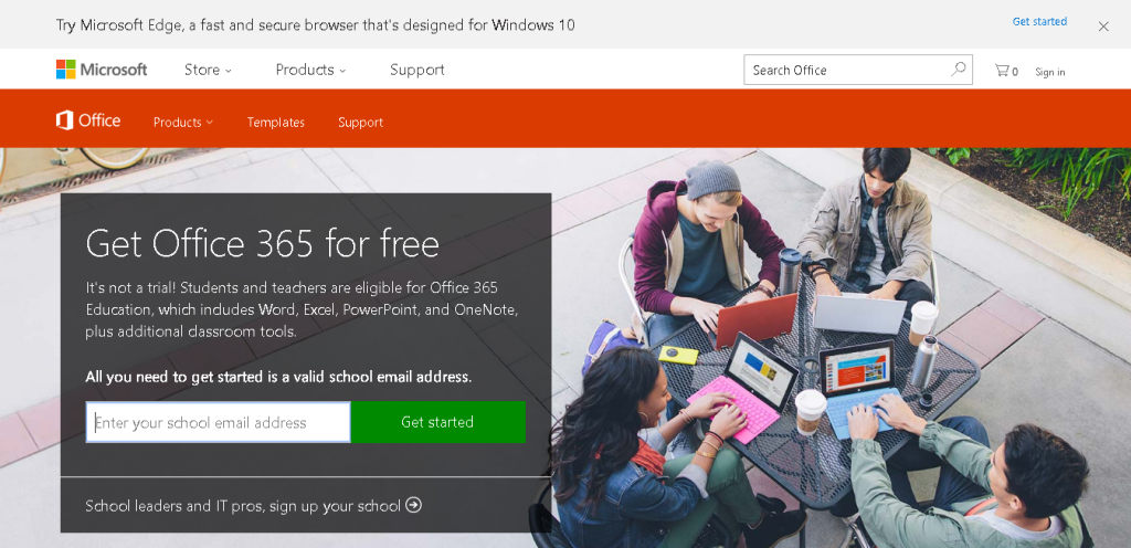 Students and teachers using free Office 365 Education on laptops.