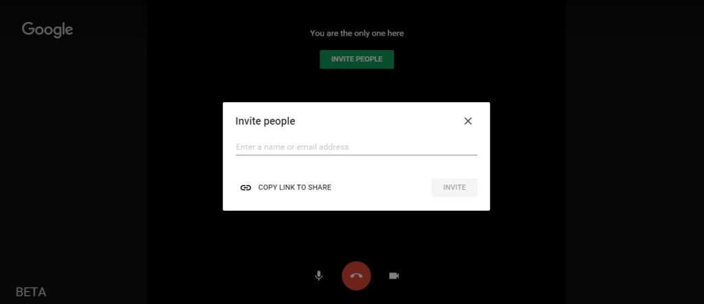 Google Hangouts invite screen; "Invite people" button and input field for names or email addresses.