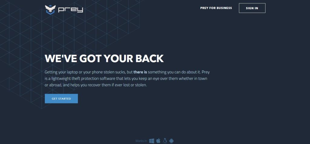 Prey software homepage: "We've Got Your Back," protecting laptops and phones from theft.