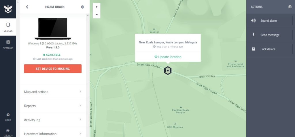Laptop location map showing Kuala Lumpur, Malaysia. Prey app interface displays device status and actions.