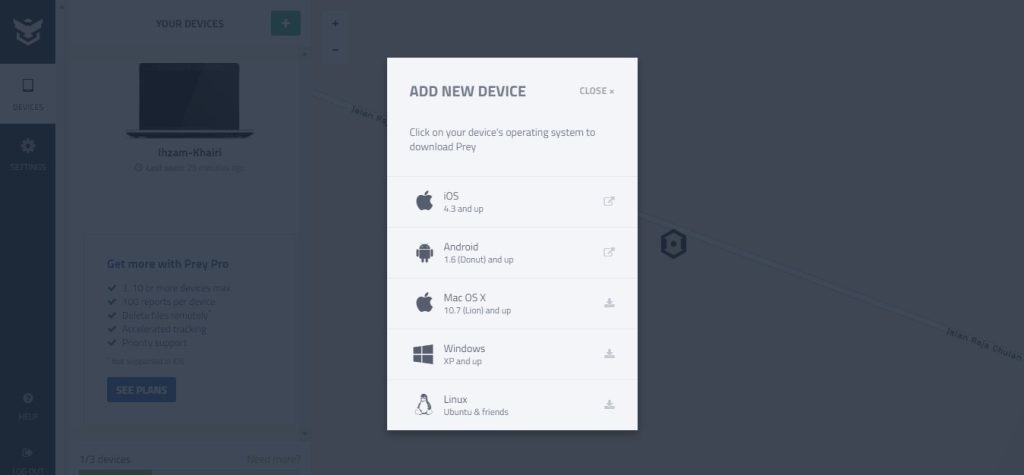 Prey app interface showing options to add new devices for iOS, Android, MacOS, Windows, and Linux.