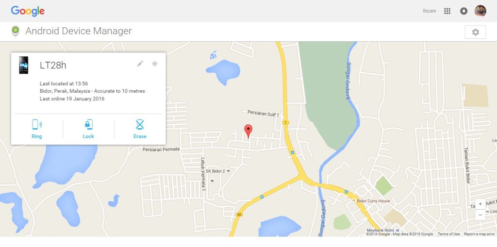 Android Device Manager locating lost phone LT28h in Bidor, Perak, Malaysia. Options to ring, lock, or erase device shown.